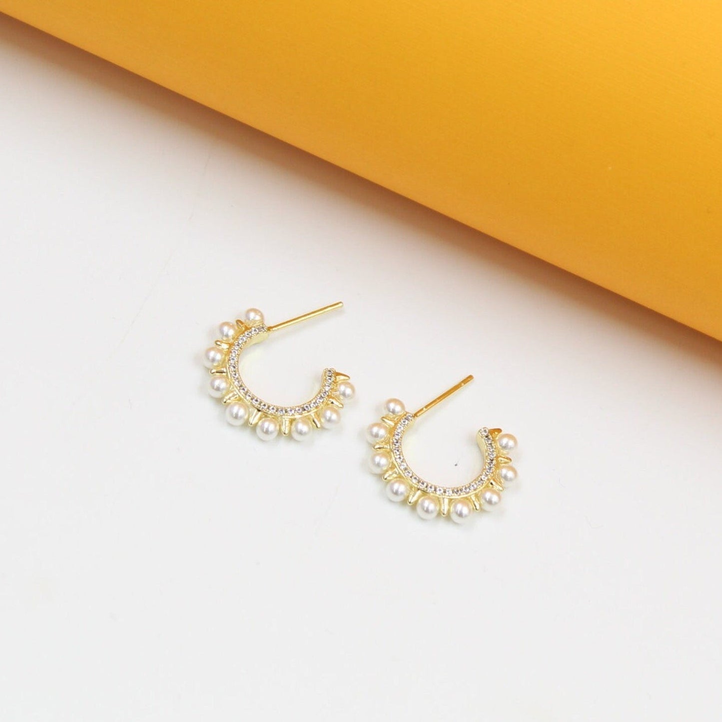 18K Gold Filled Spike Pearl Open Hoops (K269)(K103A)(K103) - Silver Whisper