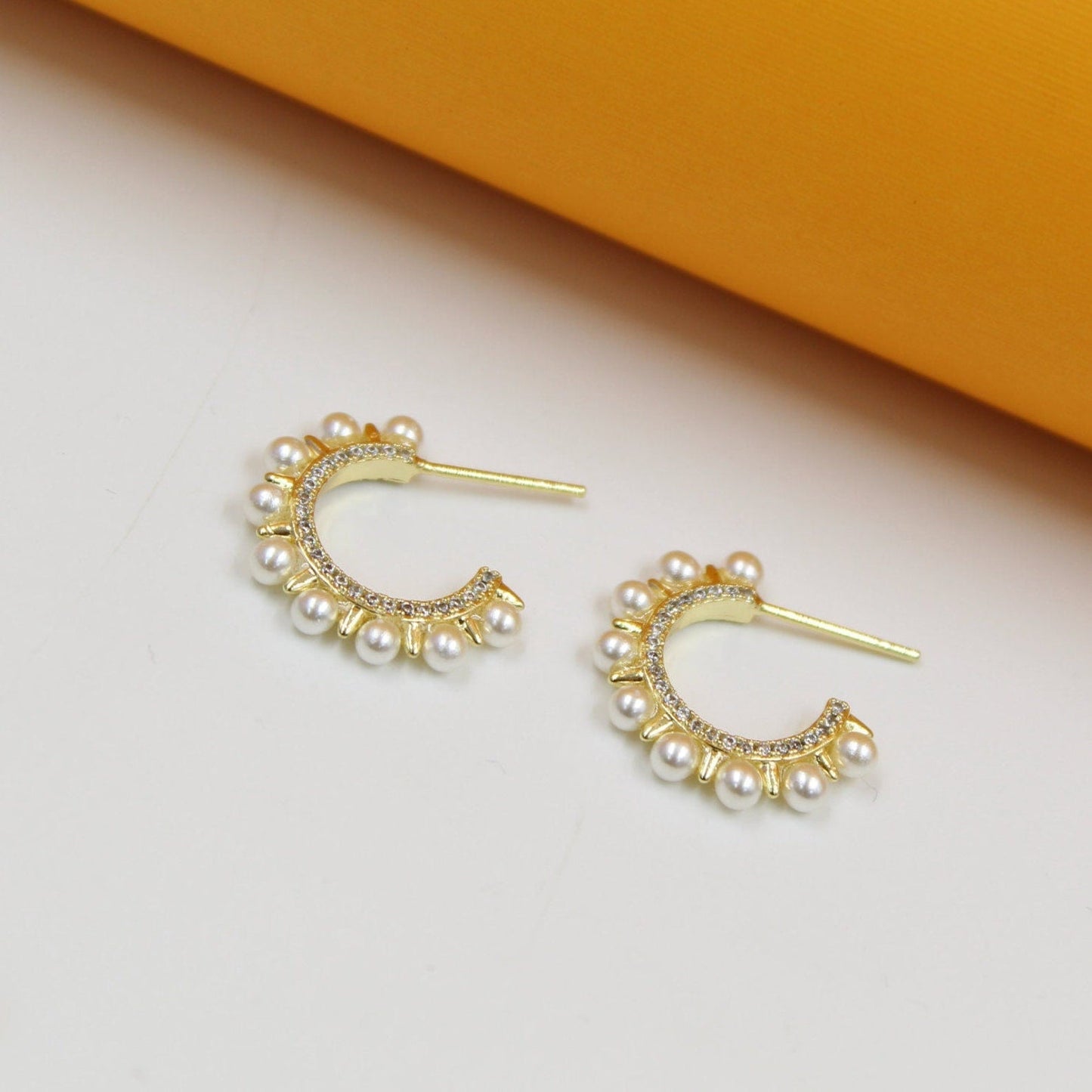 18K Gold Filled Spike Pearl Open Hoops (K269)(K103A)(K103) - Silver Whisper