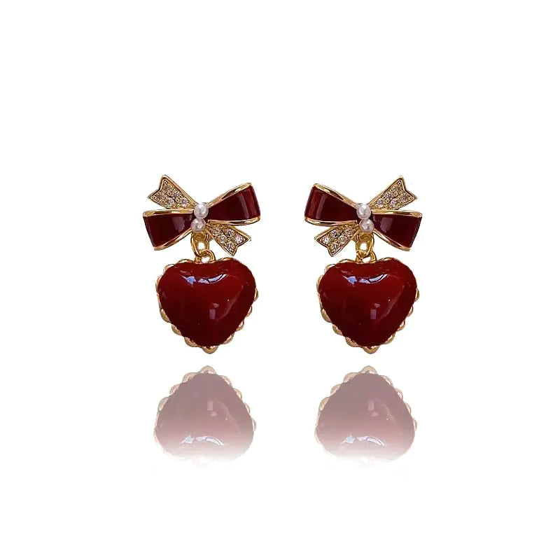Gold Pearl Bow Earrings with Red Bowknot for Women