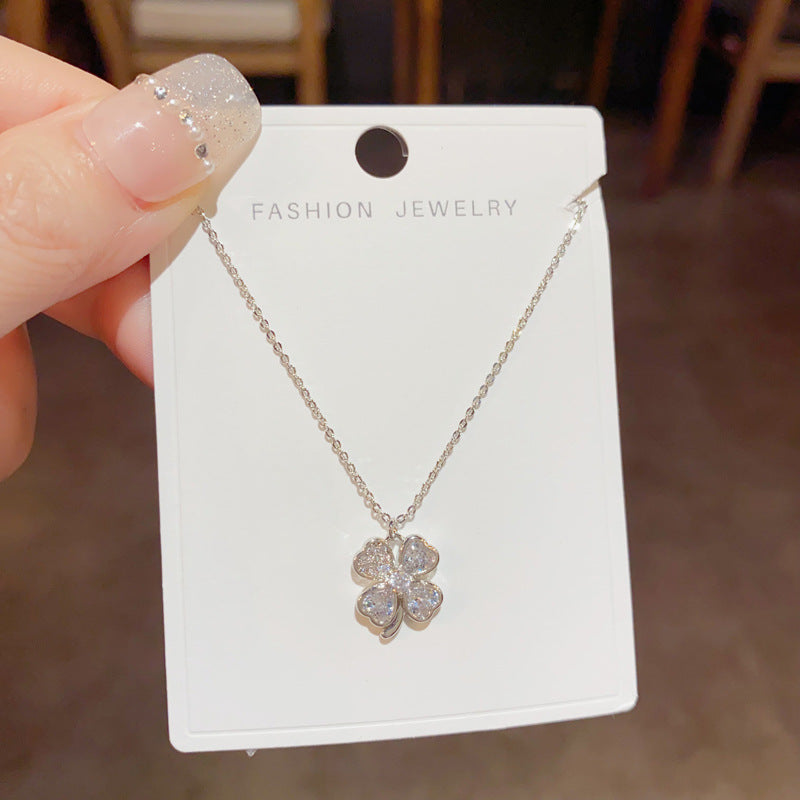 Sterling Clover Charm Necklace with Zircon Shell