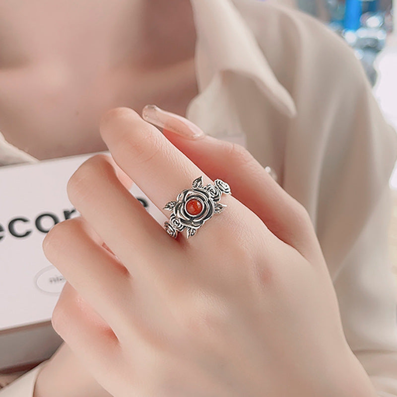 Antique Style Red Rose Silver Ring