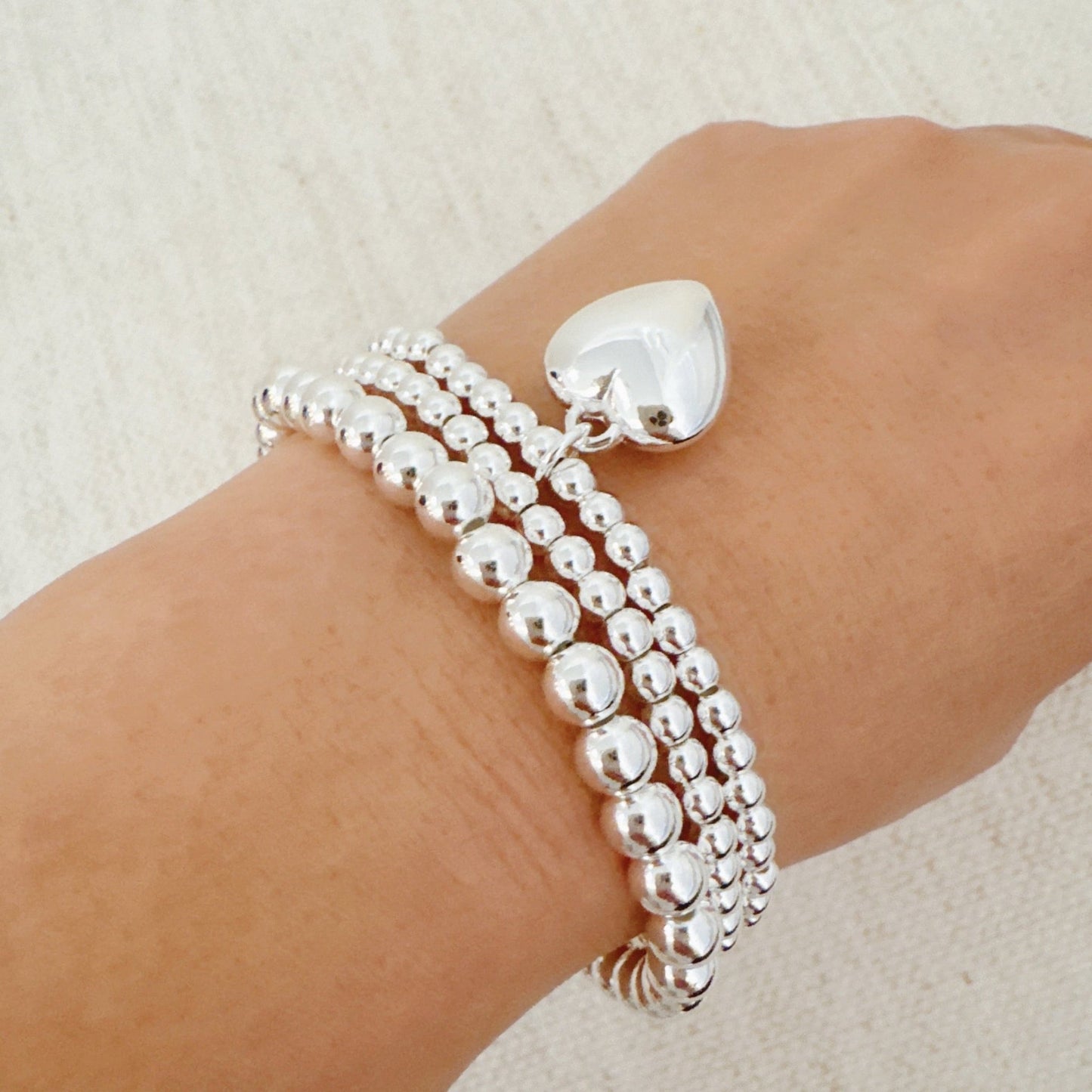 Ball Beads Golden Heart Stretch Bracelet Set Of 3 - Silver Whisper
