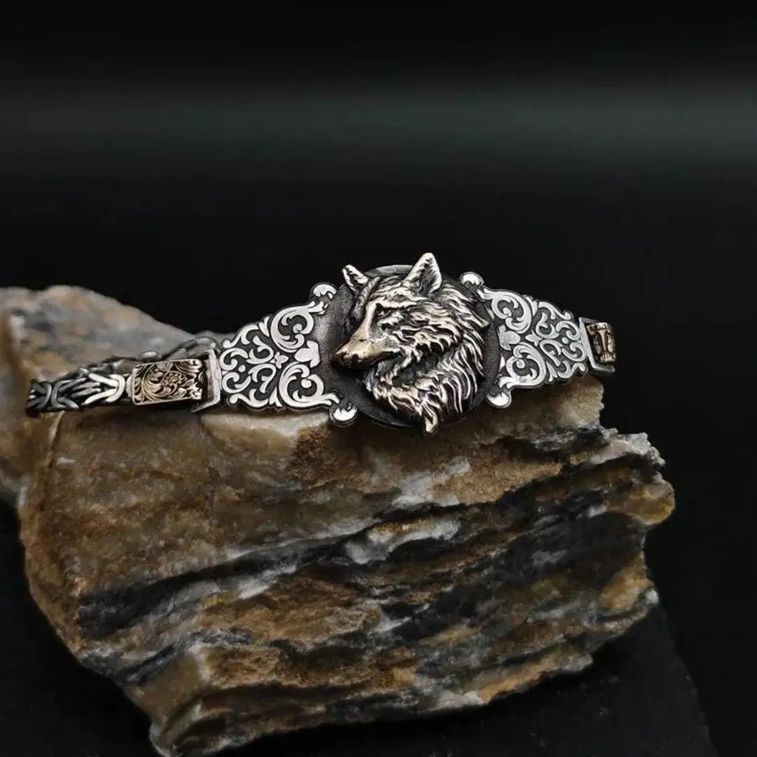 Custom-designed Silver Bracelet with Wolf Motif - Silver Whisper