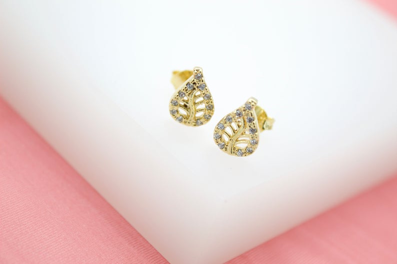 18K Gold Filled Leaf Stud Earrings With Micro CZ Cubic Zirconia Stone (L110)