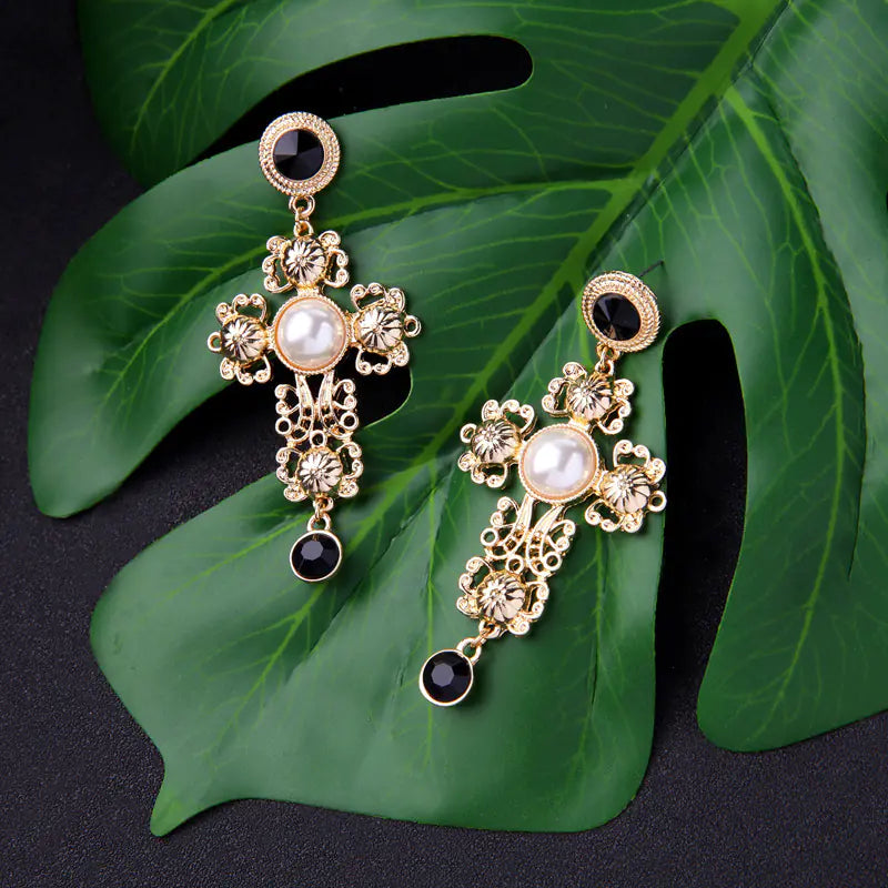 Elegant Pearl Cross Drop Earrings
