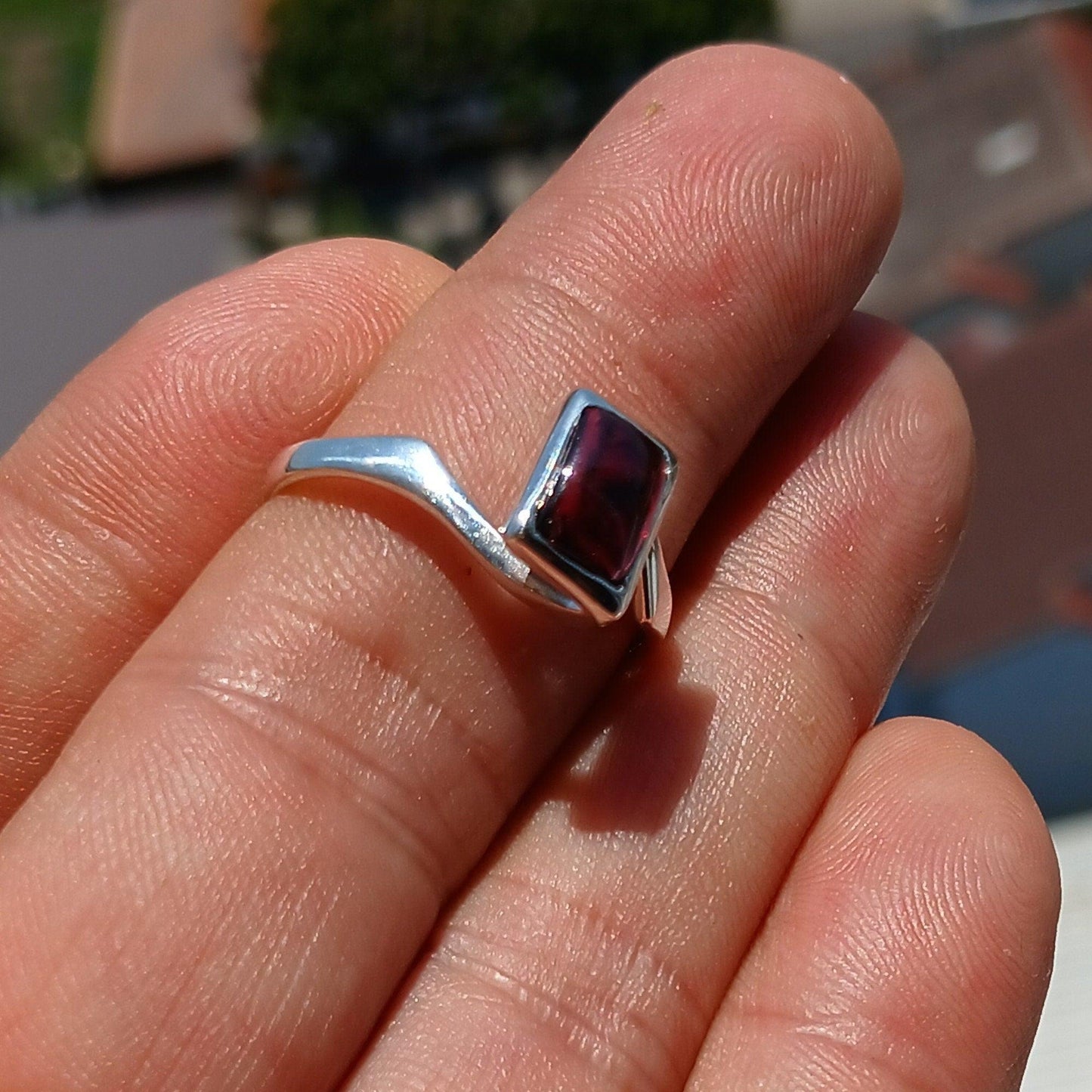 Red Garnet Ring, Sterling Silver Ring, Solitaire Ring, rectangle red Garnet Cabochon, Sterling Silver ring, Minimalist Design, gift Size 9.5 - Silver Whisper