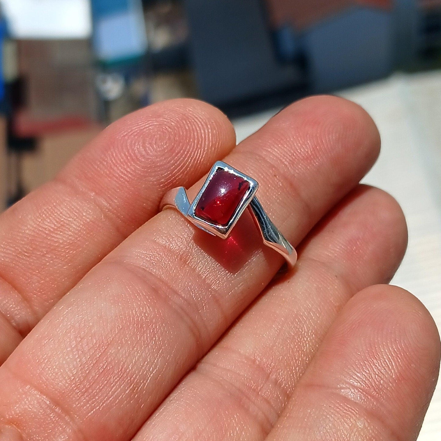 Red Garnet Ring, Sterling Silver Ring, Solitaire Ring, rectangle red Garnet Cabochon, Sterling Silver ring, Minimalist Design, gift Size 9.5 - Silver Whisper