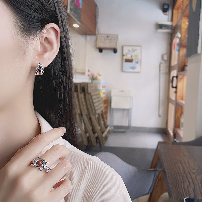 Antique Style Red Rose Silver Ring