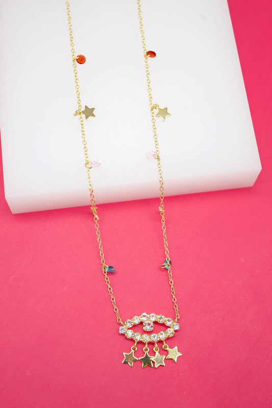 18K Gold Filled Evil Eye Pendant With Clear And Multi Color CZ Stones and Rolo Chain Necklace