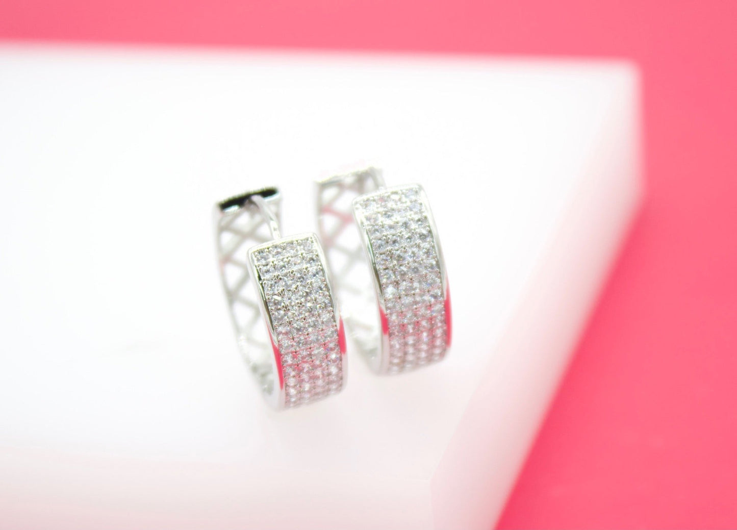 18K Gold Filled Round Thick Huggies Earrings With Micro Clear CZ Stones (L67) - Silver Whisper