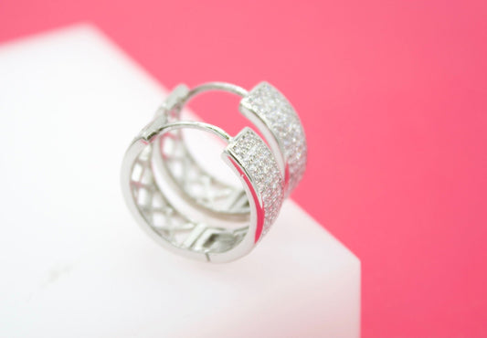 18K Gold Filled Round Thick Huggies Earrings With Micro Clear CZ Stones (L67) - Silver Whisper