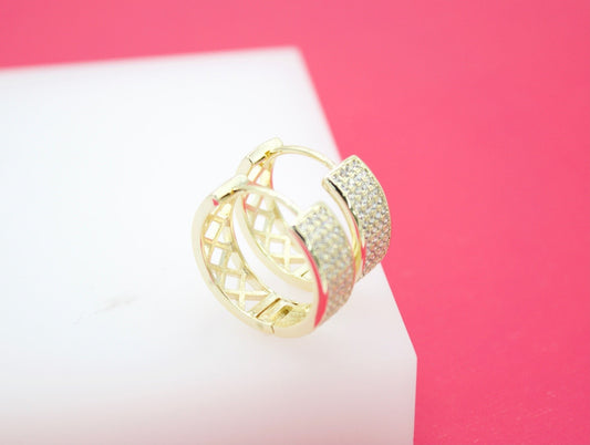 18K Gold Filled Round Thick Huggies Earrings With Micro Clear CZ Stones (L67) - Silver Whisper