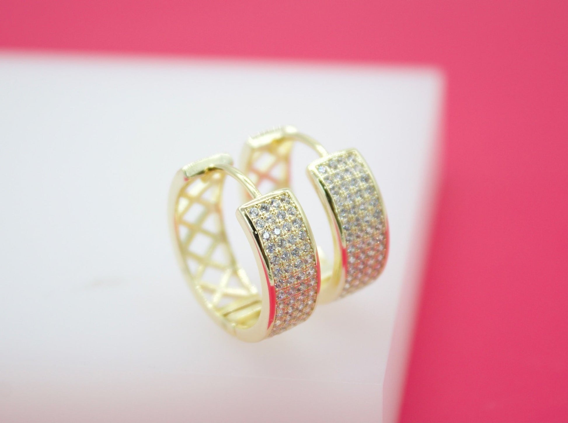 18K Gold Filled Round Thick Huggies Earrings With Micro Clear CZ Stones (L67) - Silver Whisper