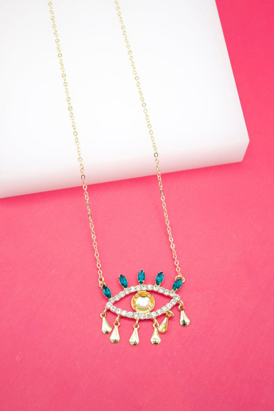 18K Gold Filled Evil Eye Pendant With Blue CZ Stones and Rolo Chain Necklace (G110)