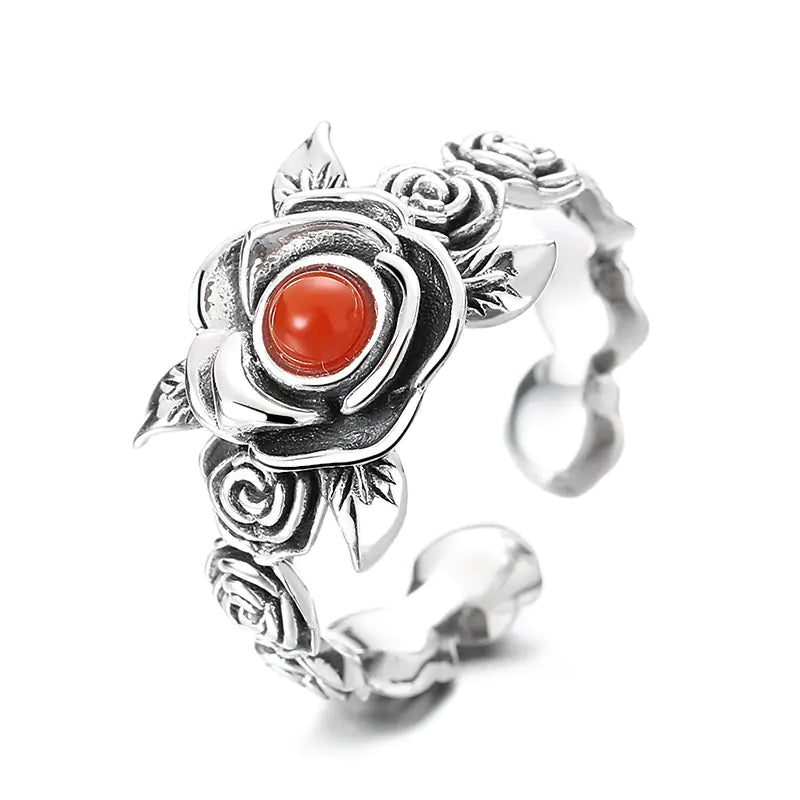 Antique Style Red Rose Silver Ring