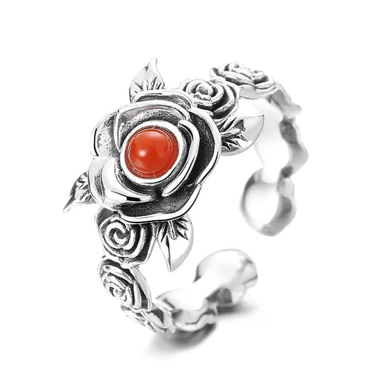 Antique Style Red Rose Silver Ring