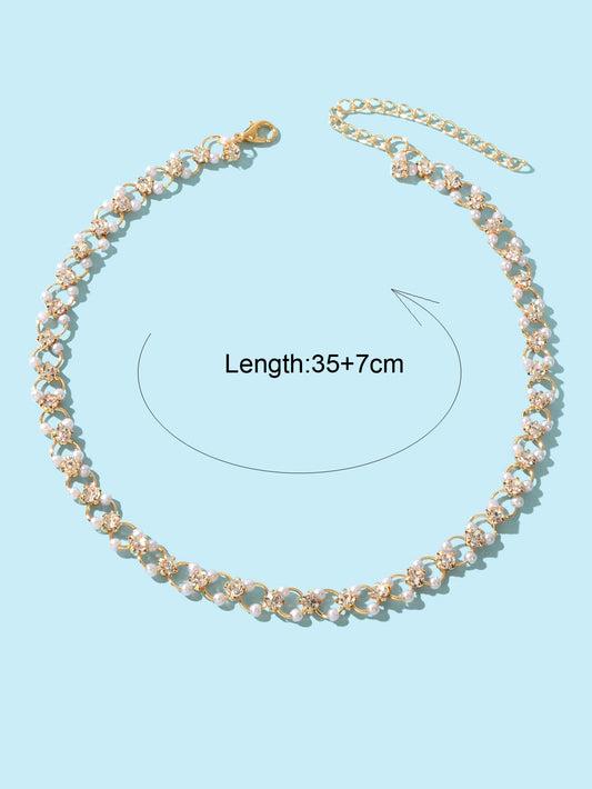 Wedding Engagement Gift Jewellery Rhinestone Pearl Decor Hollow Choker Necklace