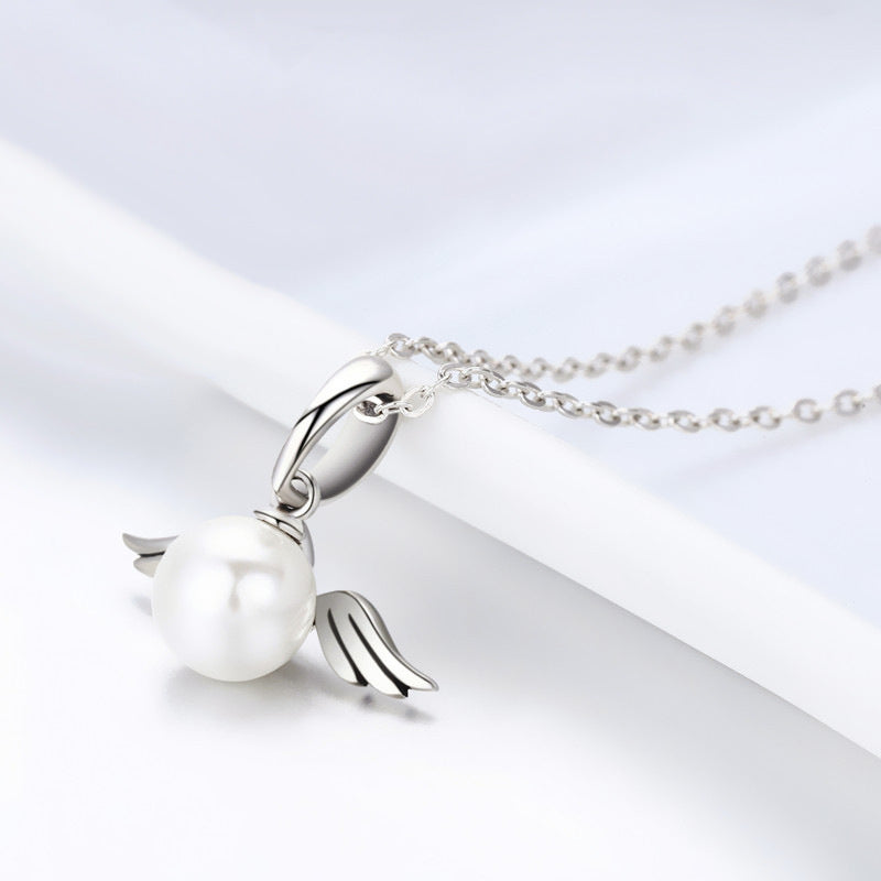 Silver Angel Wing & Pearl Necklace