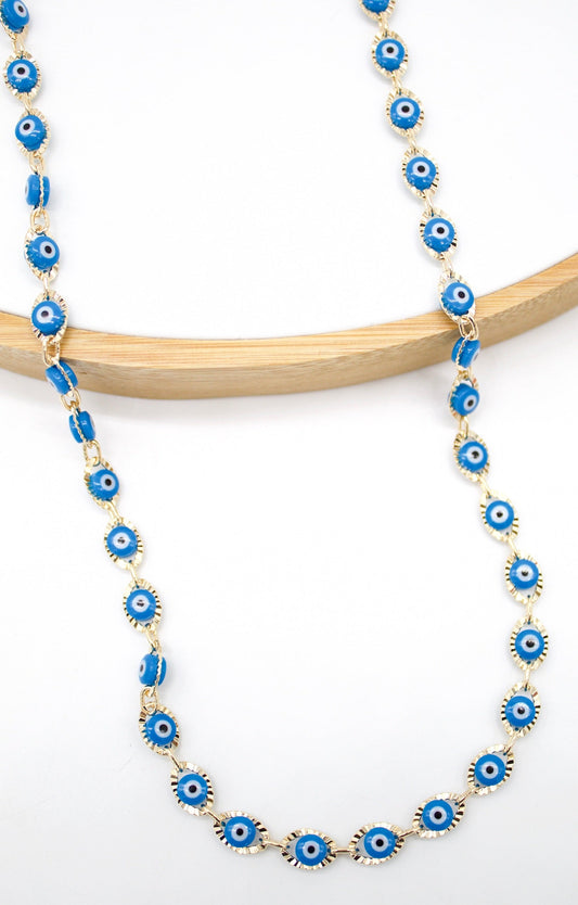 18K Gold Filled Light Blue Evil Eye Link Necklace (F132)