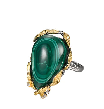 S925 Leaf-Edged Malachite Silver Ring