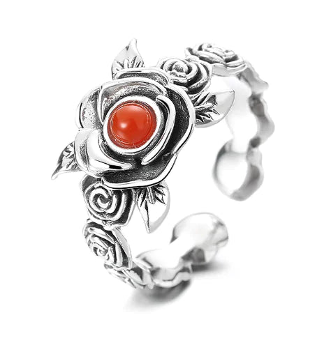 Antique Style Red Rose Silver Ring