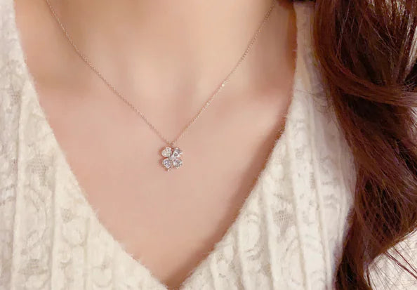 Sterling Clover Charm Necklace with Zircon Shell