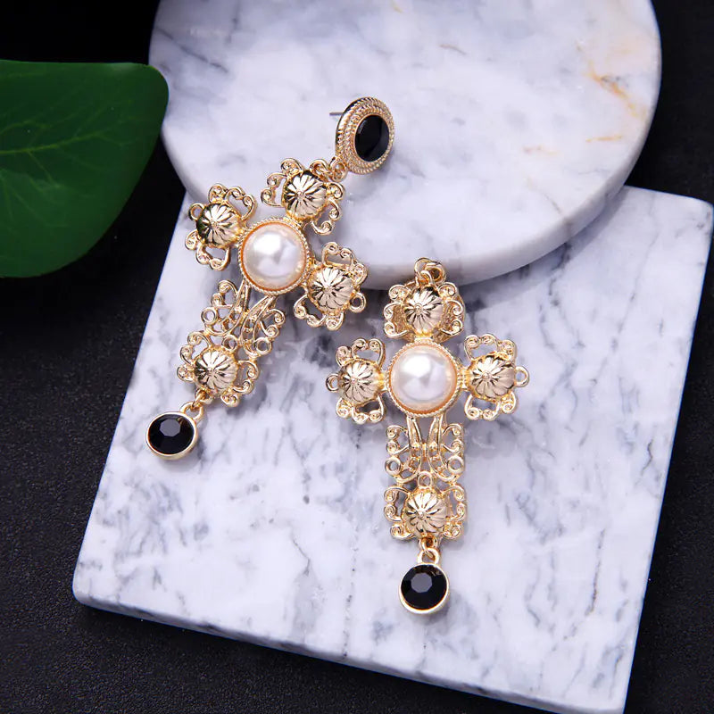 Elegant Pearl Cross Drop Earrings