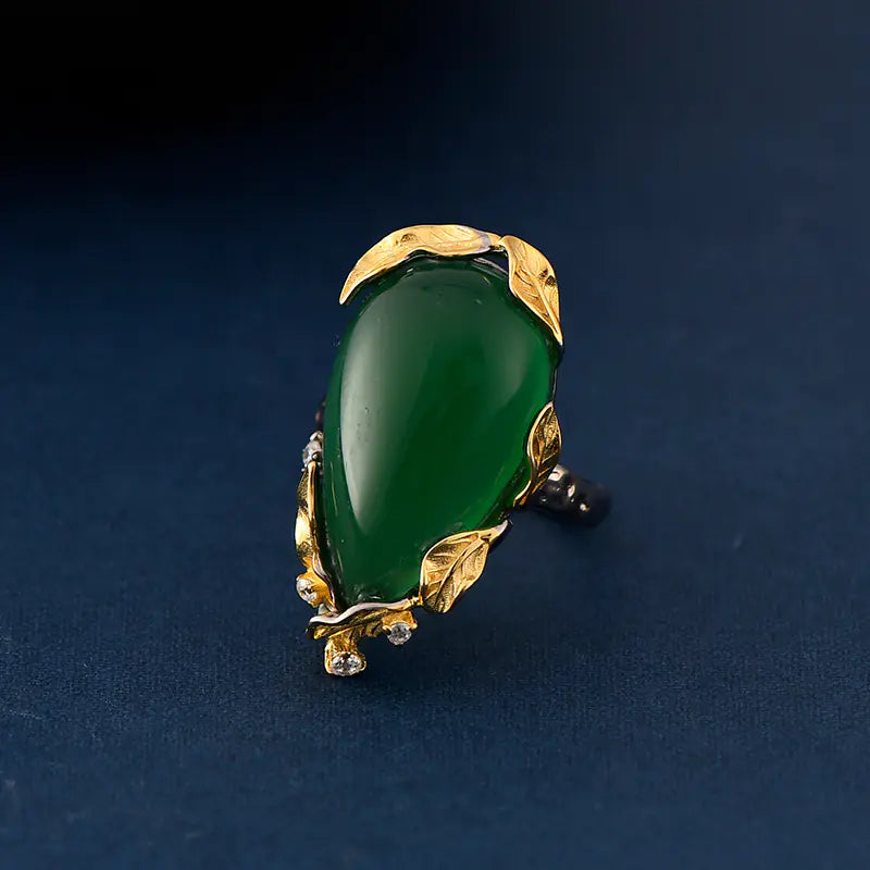 S925 Leaf-Edged Malachite Silver Ring