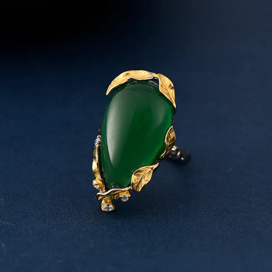 S925 Leaf-Edged Malachite Silver Ring