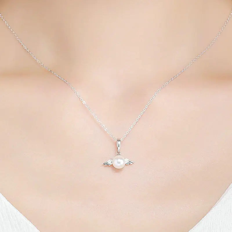Silver Angel Wing & Pearl Necklace