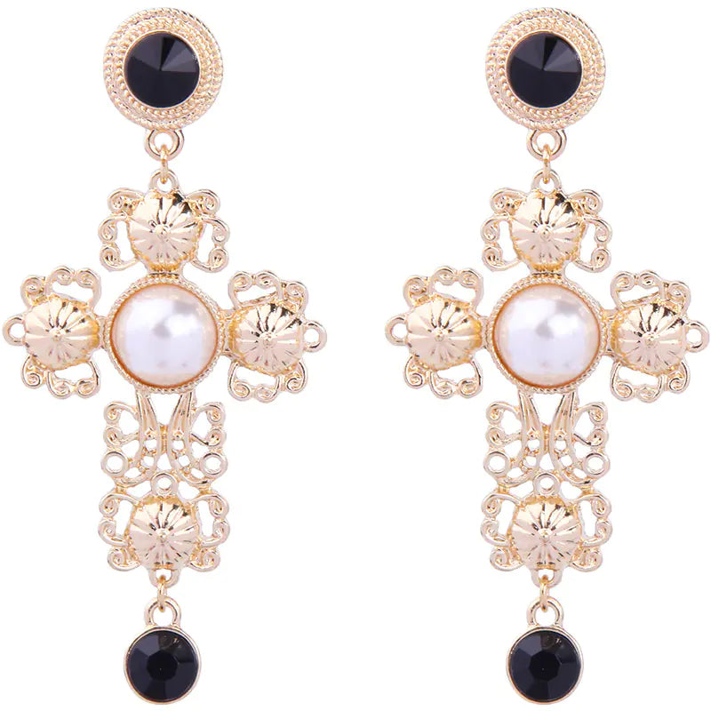 Elegant Pearl Cross Drop Earrings