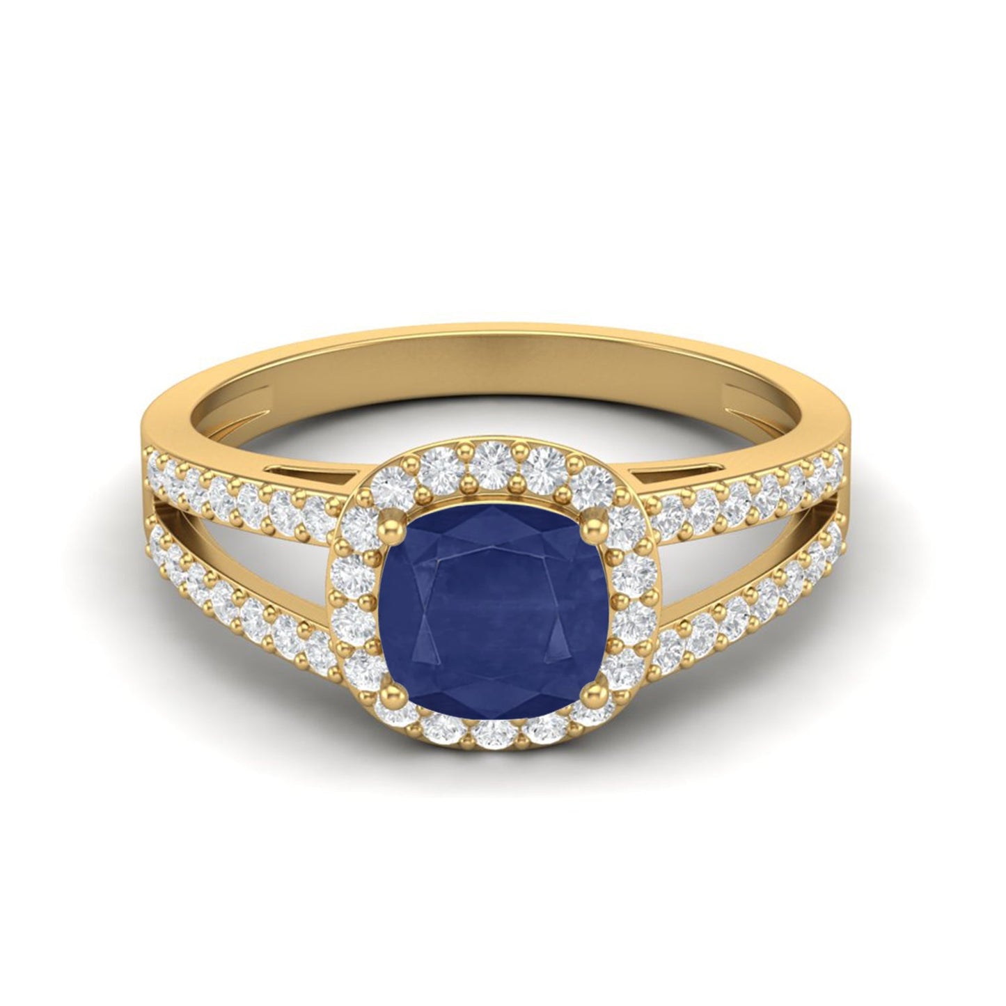 Blue Sapphire Cushion Solitaire with Accents Ring - 14k Yellow Gold–