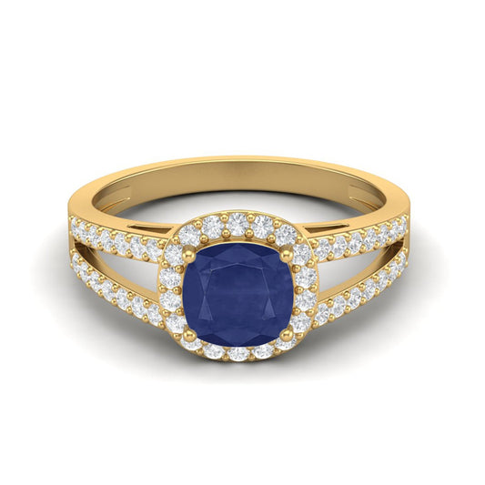 Blue Sapphire Cushion Solitaire with Accents Ring - 14k Yellow Gold–