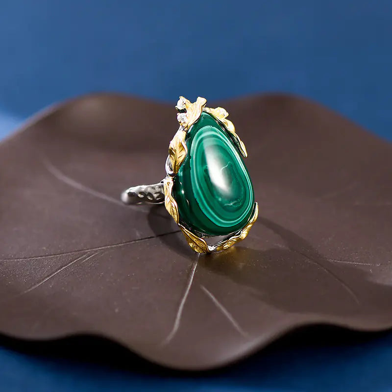 S925 Leaf-Edged Malachite Silver Ring