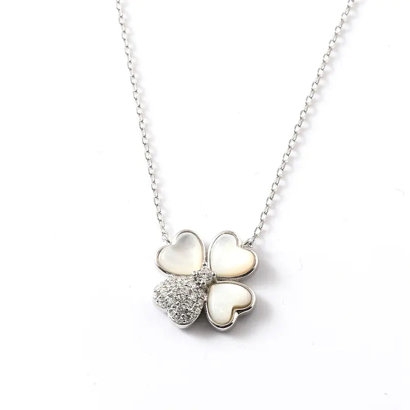 Sterling Clover Charm Necklace with Zircon Shell