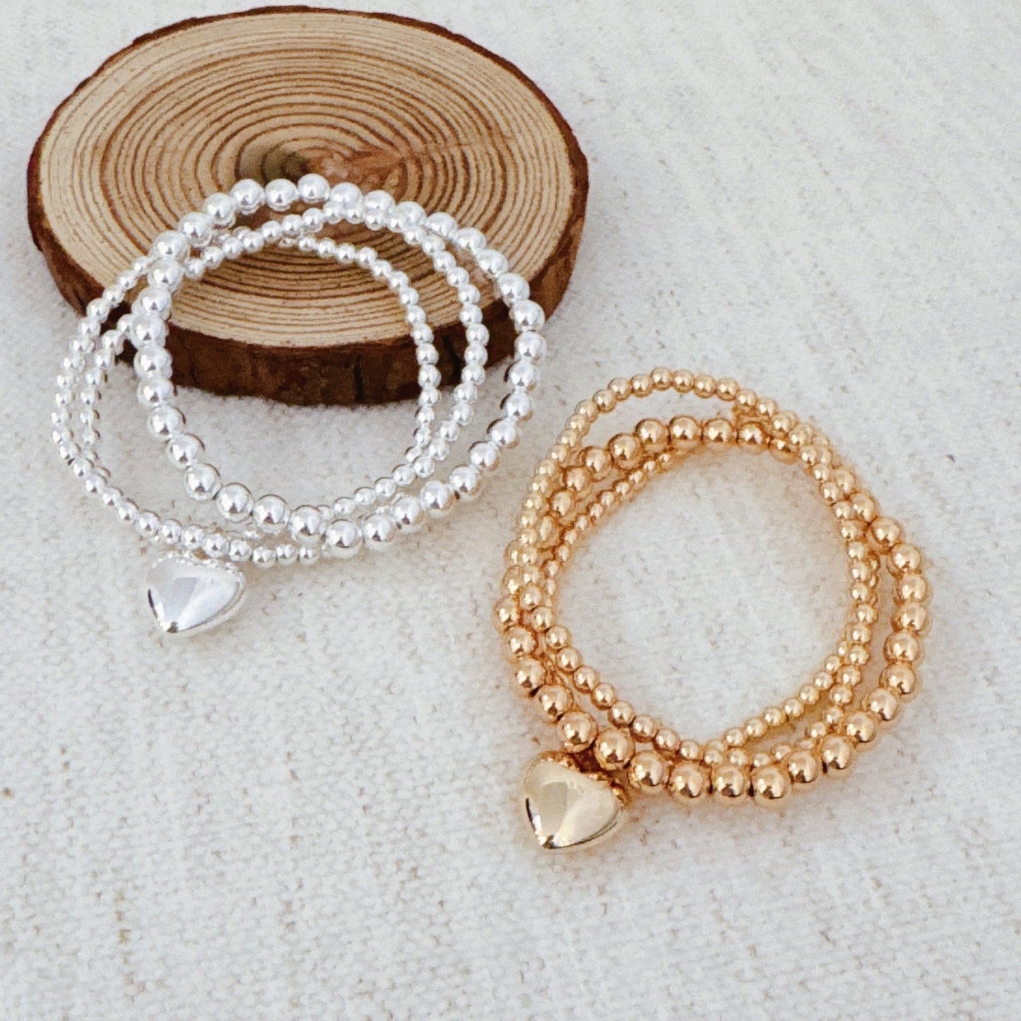 Ball Beads Golden Heart Stretch Bracelet Set Of 3 - Silver Whisper