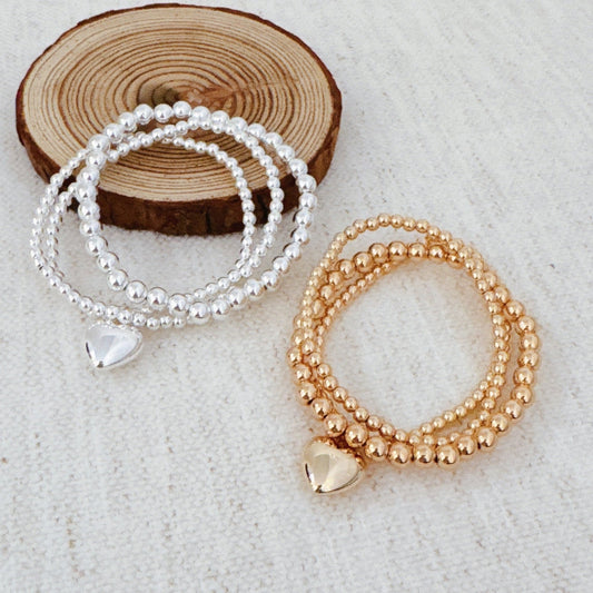 Ball Beads Golden Heart Stretch Bracelet Set Of 3 - Silver Whisper