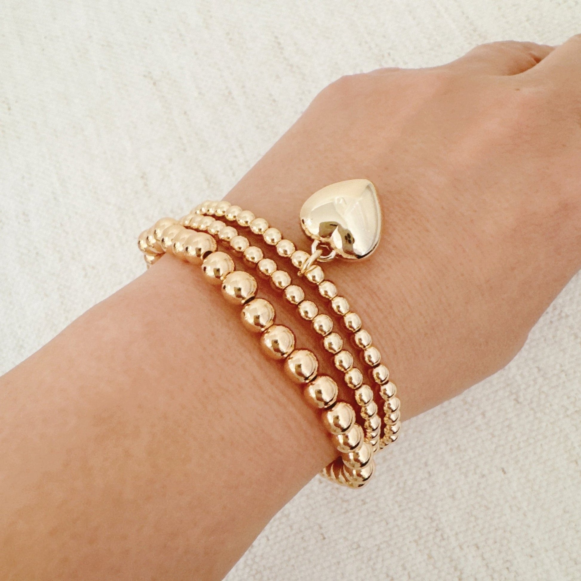 Ball Beads Golden Heart Stretch Bracelet Set Of 3 - Silver Whisper