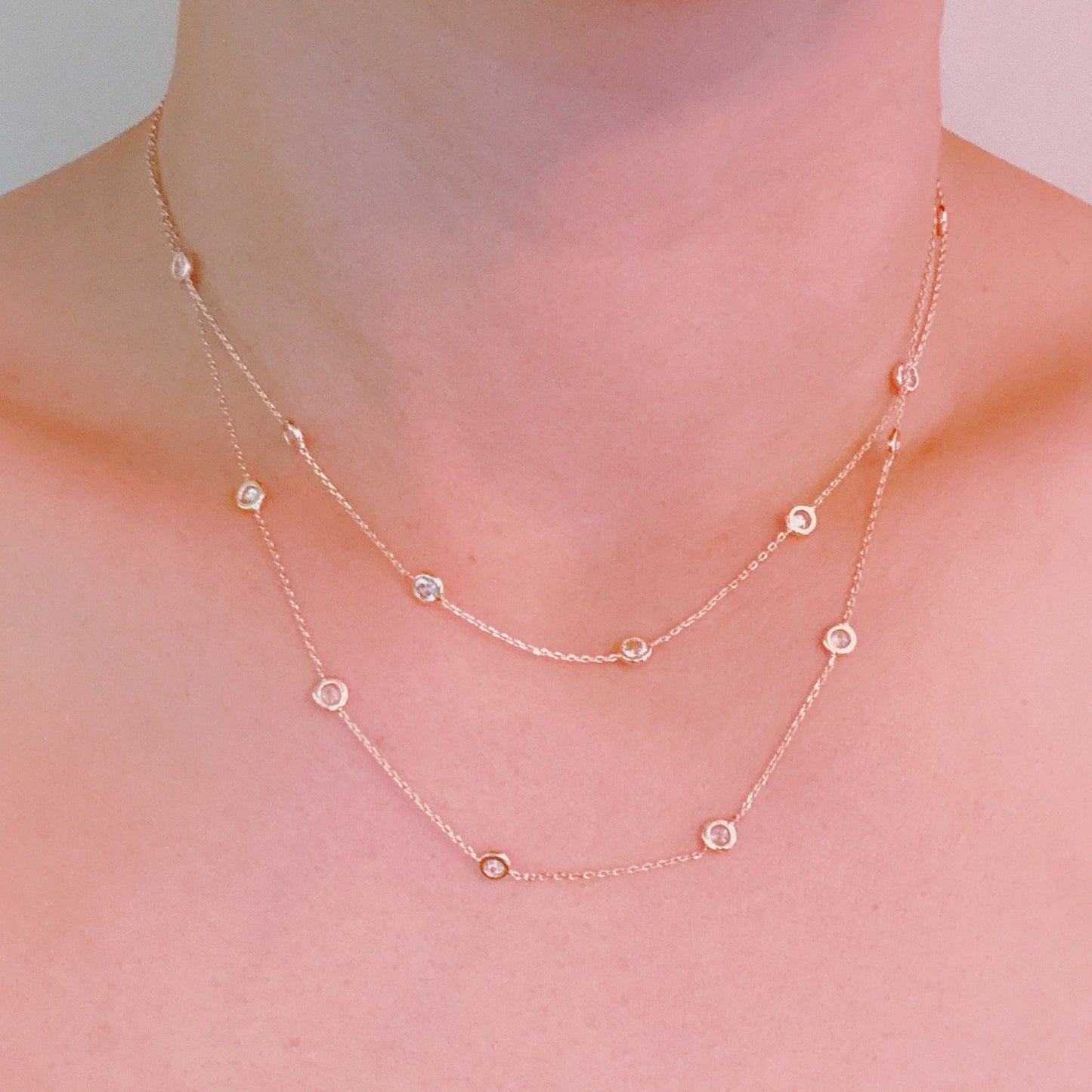 Crystal Bezel Station Layered Necklace - Silver Whisper