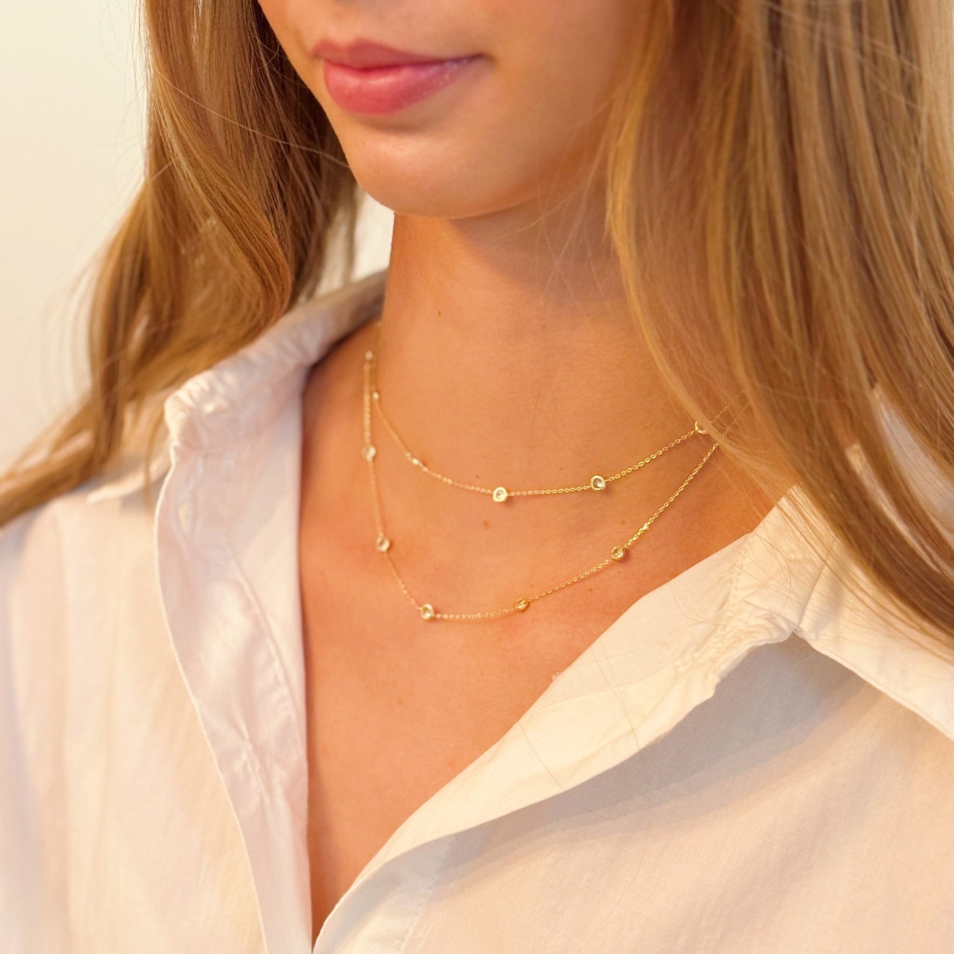 Crystal Bezel Station Layered Necklace - Silver Whisper