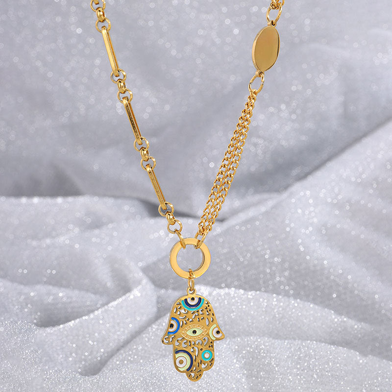 Artistic Hamsa Necklace with Dual Chain Design