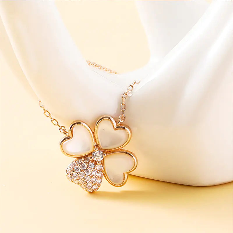 Sterling Clover Charm Necklace with Zircon Shell