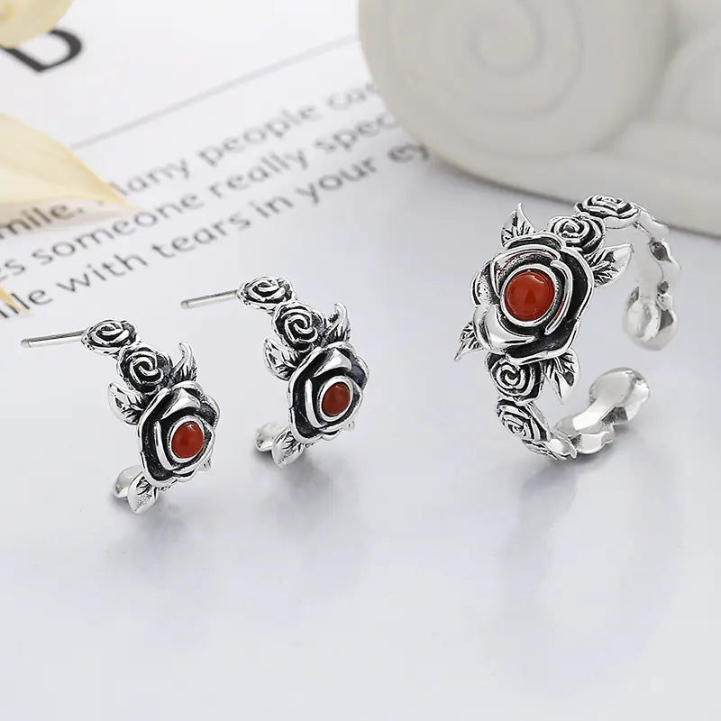 Antique Style Red Rose Silver Ring