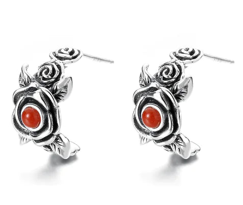 Antique Style Red Rose Silver Ring