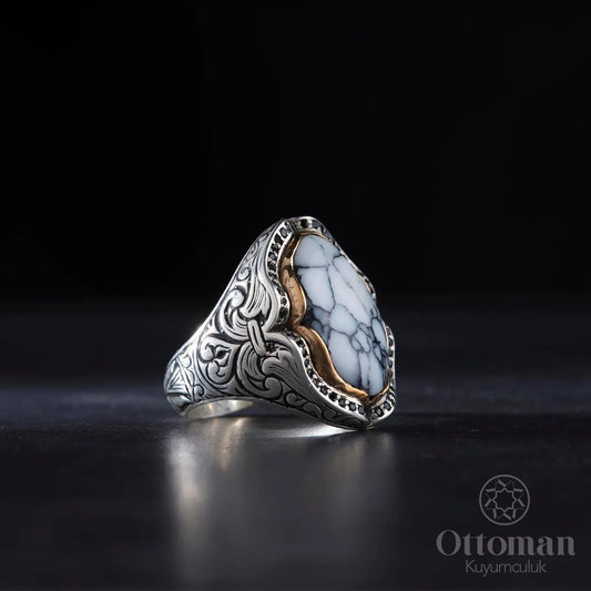 Handcrafted Turquoise Stone Silver Men's Ring - Silver Whisper