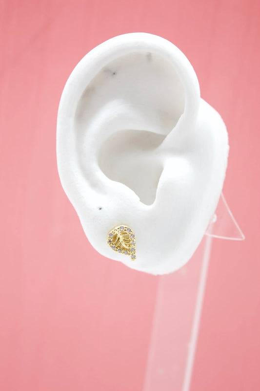 18K Gold Filled Leaf Stud Earrings With Micro CZ Cubic Zirconia Stone (L110)