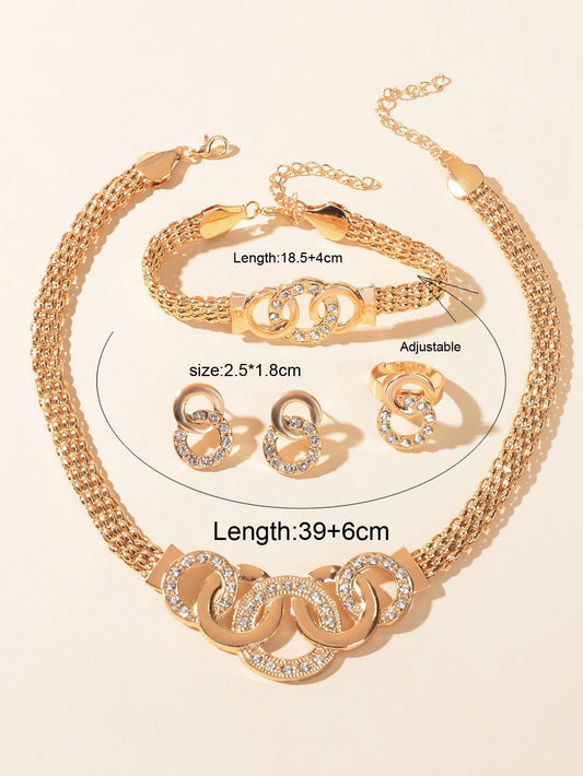 Jewellery set Rhinestone Gold Chain Statement Necklace Bracelet Earrings Ring - Silver Whisper