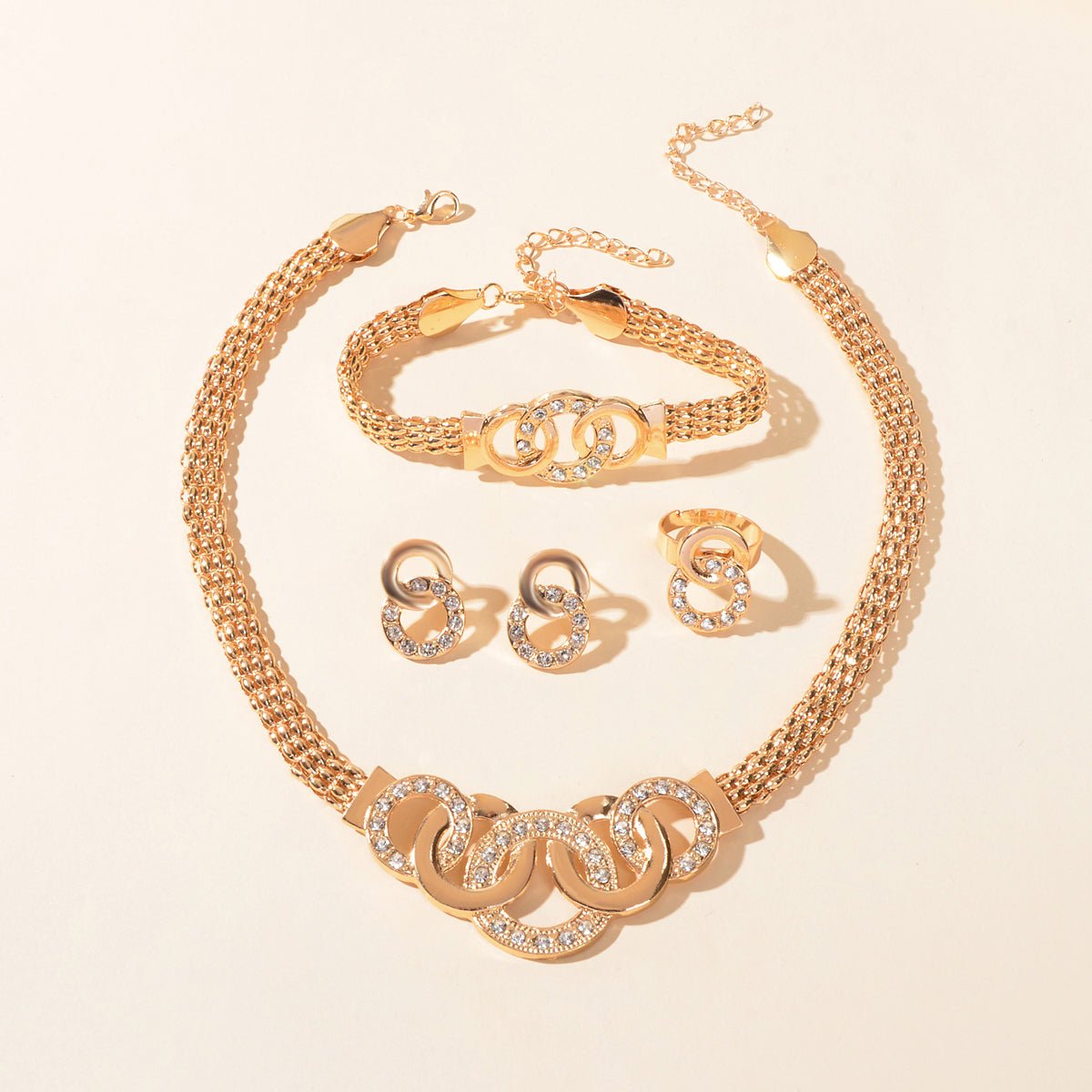 Jewellery set Rhinestone Gold Chain Statement Necklace Bracelet Earrings Ring - Silver Whisper