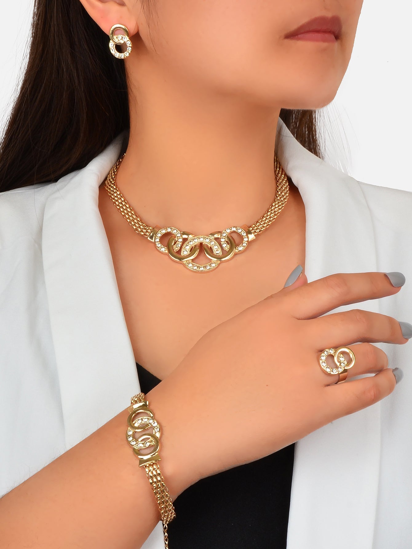 Jewellery set Rhinestone Gold Chain Statement Necklace Bracelet Earrings Ring - Silver Whisper