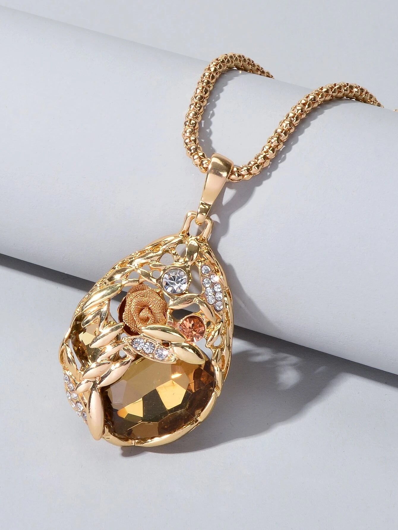 Luxurious Jewellery Rhinestone Champagne Blue Crystal Flower Water Drop Necklace - Silver Whisper